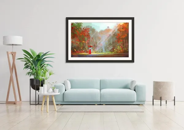 Landscape_Wall_Art_Painting_Woman_Red_Umbrella_Autumn_Forest_Photo_Frame_Without_Glass