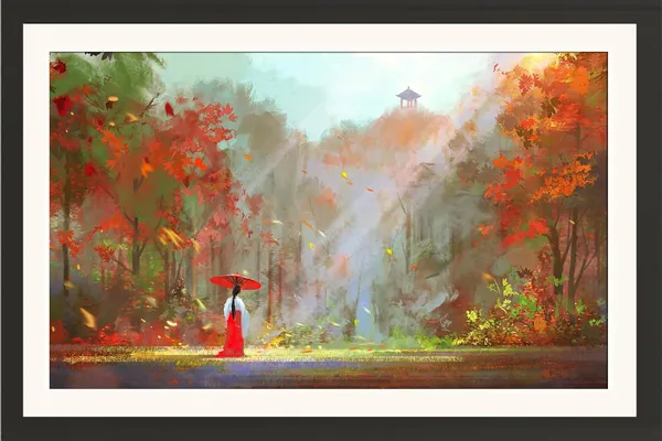 Landscape_Wall_Art_Painting_Woman_Red_Umbrella_Autumn_Forest_Photo_Frame_Without_Glass