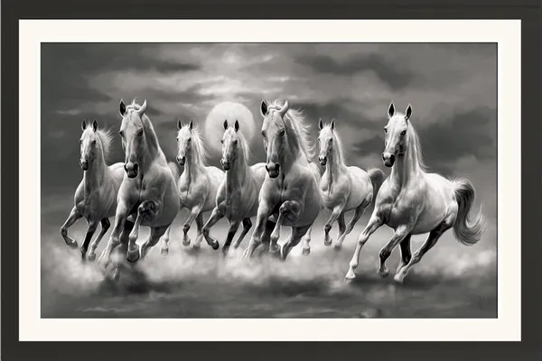 7_Horses_Painting_Black_and_White_Photo_Frame_Without_Glass