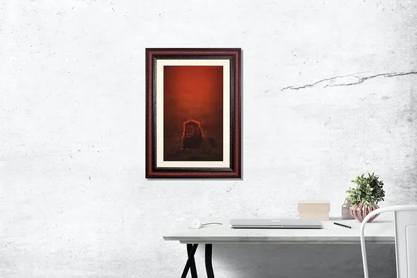 Lion_Resting_in_Red_Mist_Wall_Art_|_Moody_Wildlife_Photography_Frame_Without_Glass