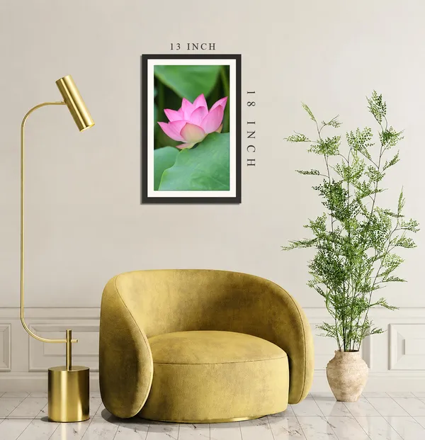 Pink_Lotus_Flower_with_Large_Green_Leaf_Vertical_Wall_Art_Frame_Without_Glass_–_Bright_Pink_Lotus_Pic_in_Natural_Light_for_Living_Room,_Hallway_&_Gifts