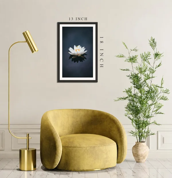 White_Water_Lily_with_Reflection_on_Dark_Navy_Blue_Water_Wall_Art_Frame_Without_Glass_–_Minimal_White_Water_Lily_Photo_with_Orange_Stamens