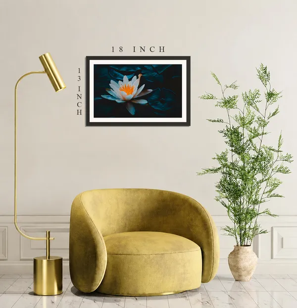 White_Blue_Water_Lily_with_Orange_Stamens_on_Dark_Teal_Wall_Art_Frame_Without_Glass_–_Moody_Water_Lily_Flower_Photo_for_Bedroom,_Study_&_Living_Room