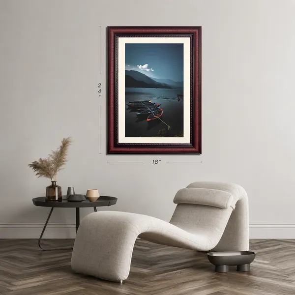 Misty_Lake_Boats_Landscape_Photo_Frame_Without_Glass_|_Moody_Blue_Water_Wall_Art
