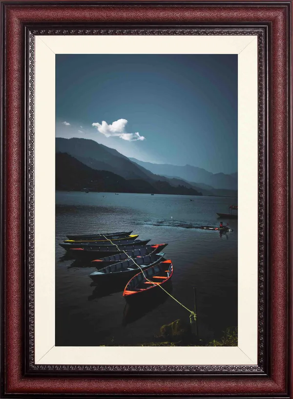 Misty_Lake_Boats_Landscape_Photo_Frame_Without_Glass_|_Moody_Blue_Water_Wall_Art