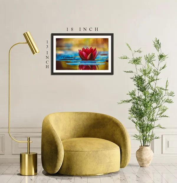 Red_Water_Lily_Flower_with_Golden_Reflections_Photo_Frame_Without_Glass_–_Deep_Red_Lily_Pad_Pond_Wall_Art_for_Living_Room,_Dining_&_Cafe_Decor