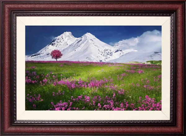 Snow_Mountain_Landscape_Wall_Art_Pink_Wildflower_Field_Photo_Frame_Without_Glass