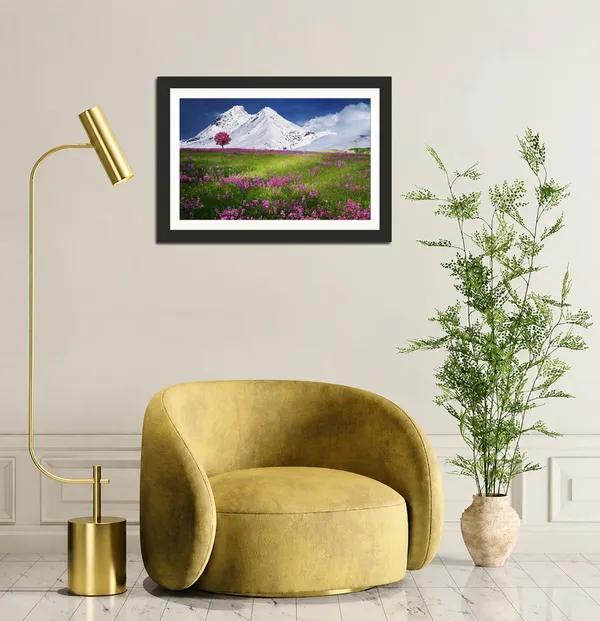 Snow_Mountain_Landscape_Wall_Art_Pink_Wildflower_Field_Photo_Frame_Without_Glass