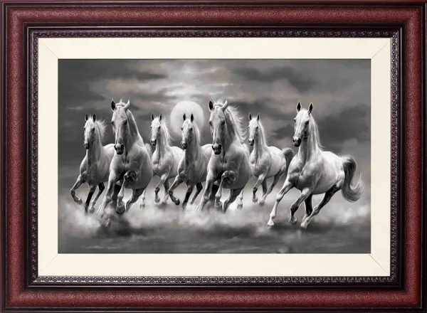 7_Horses_Painting_Black_and_White_Photo_Frame_Without_Glass