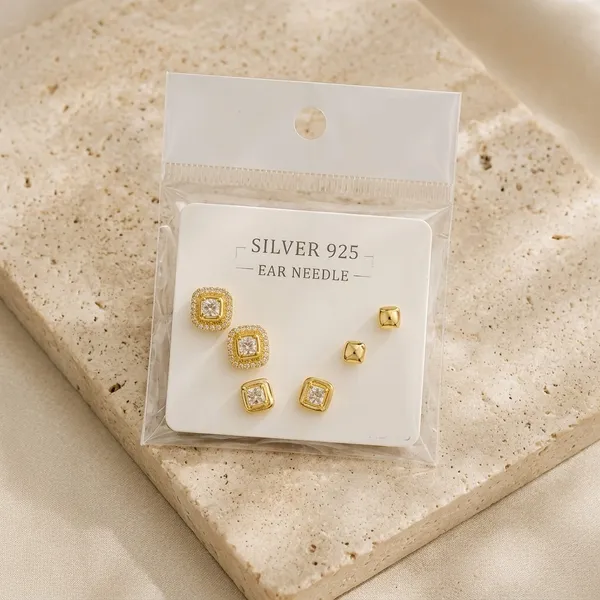 Golden_Crystal_Alloy_Silver_Needle_Rectangle_Ear_Studs_Set_Of_3