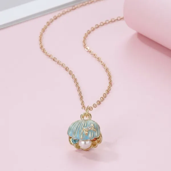 Blue_Alloy_Shell_Pearl_Tassel_Clavicle_Chain_Necklace_For_Kids