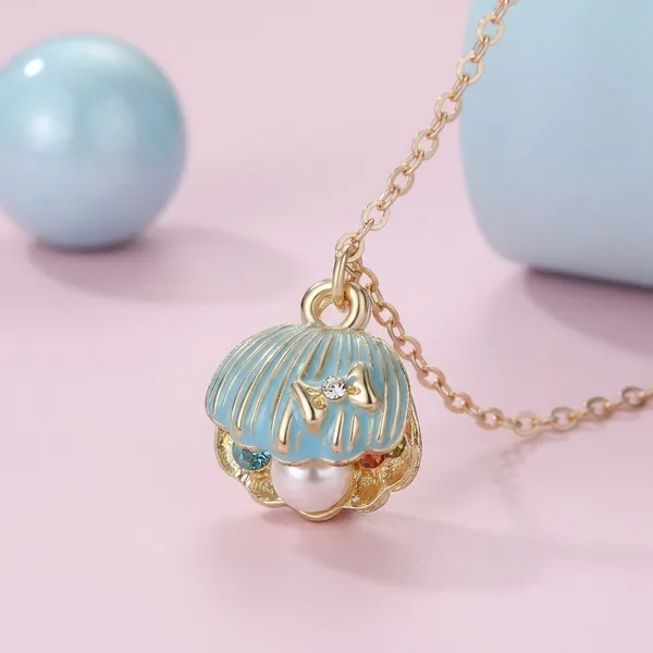 Blue_Alloy_Shell_Pearl_Tassel_Clavicle_Chain_Necklace_For_Kids