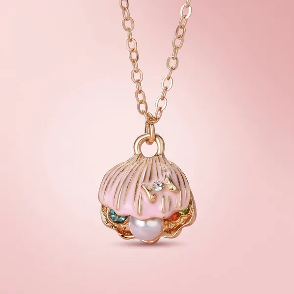 Pink_Alloy_Shell_Pearl_Tassel_Clavicle_Chain_Necklace_For_Kids