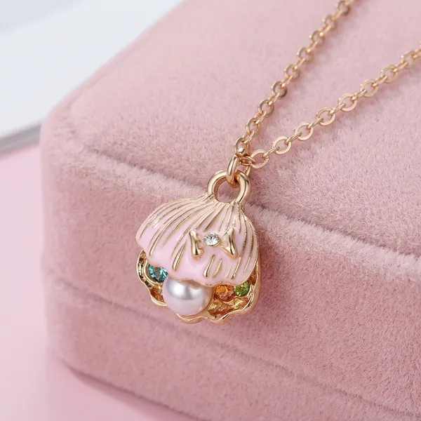 Pink_Alloy_Shell_Pearl_Tassel_Clavicle_Chain_Necklace_For_Kids