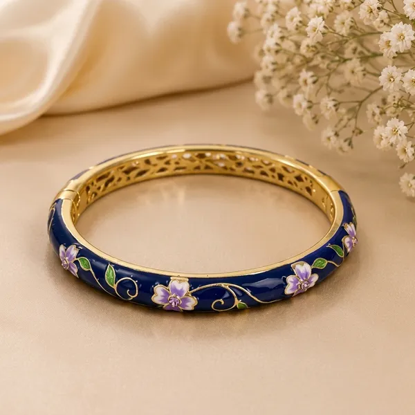 Deep_Blue_Steel_Enamel_Floral_Bracelet_For_Women