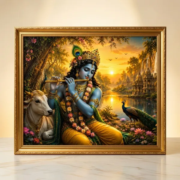 Krishna_Playing_Flute_In_Vrindavan_Framed_Canvas_Wall_Art_|_Premium_Hd_Print
