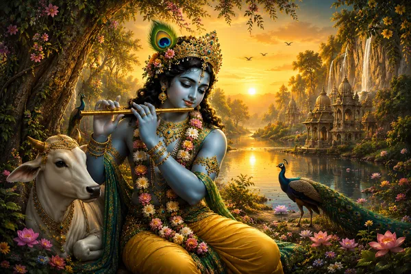 Krishna_Playing_Flute_In_Vrindavan_Framed_Canvas_Wall_Art_|_Premium_Hd_Print