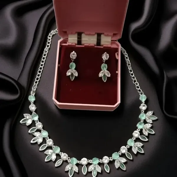 Silver_Mint_Green_Crystal_Floral_Necklace_Set_For_Women