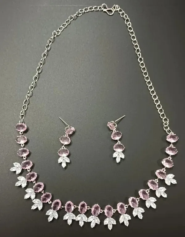 Silver_Pink_Stone_Leaf_Design_Necklace_Earring_Set_For_Women