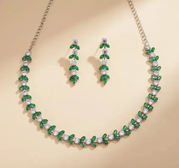 Silver_Green_Stone_Leafy_Vine_Necklace_Earring_Set_For_Women
