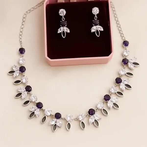 Silver_Purple_Crystal_Leaf_Design_Necklace_Earring_Set_For_Women