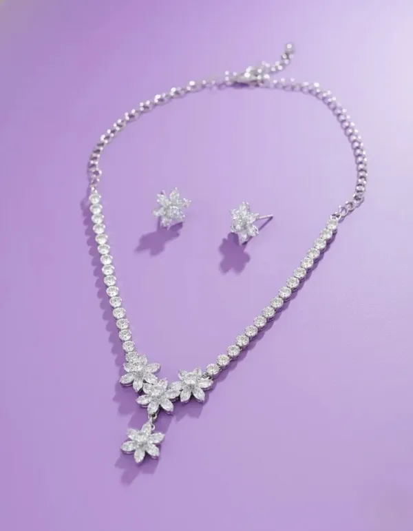 Silver_Crystal_Floral_Tennis_Necklace_Set_For_Women