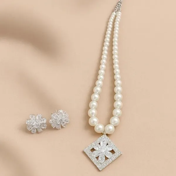White_Pearl_Crystal_Floral_Pendant_Necklace_Earring_Set_For_Women