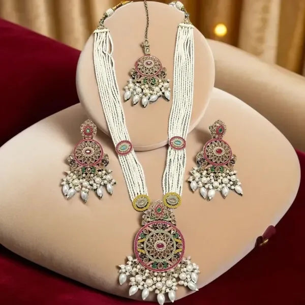 White_Pink_Pearl_Kundan_Meenakari_Necklace_Set_With_Maang_Tikka_For_Women