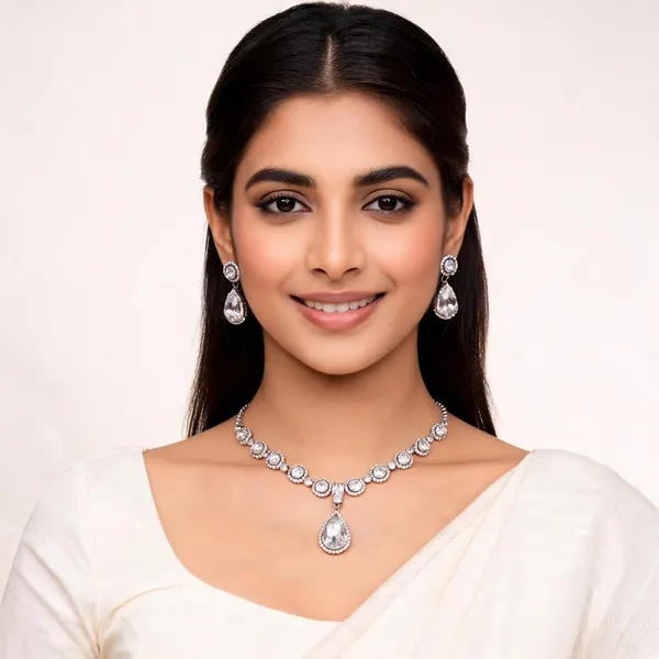 Silver_White_Crystal_Teardrop_Necklace_Earring_Set_For_Women