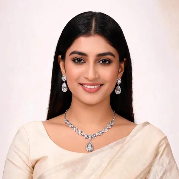 Silver_White_Crystal_Teardrop_Necklace_Earring_Set_For_Women