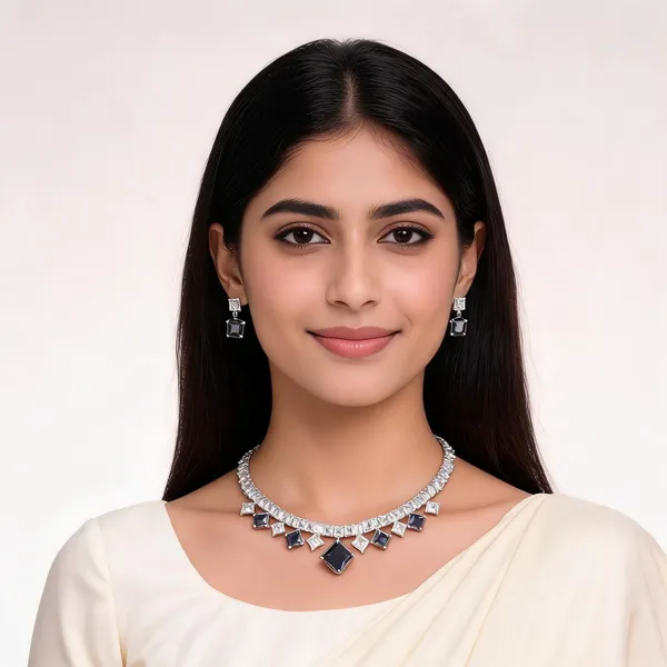 Silver_Black_Clear_Crystal_Princess_Cut_Necklace_Earring_Set_For_Women