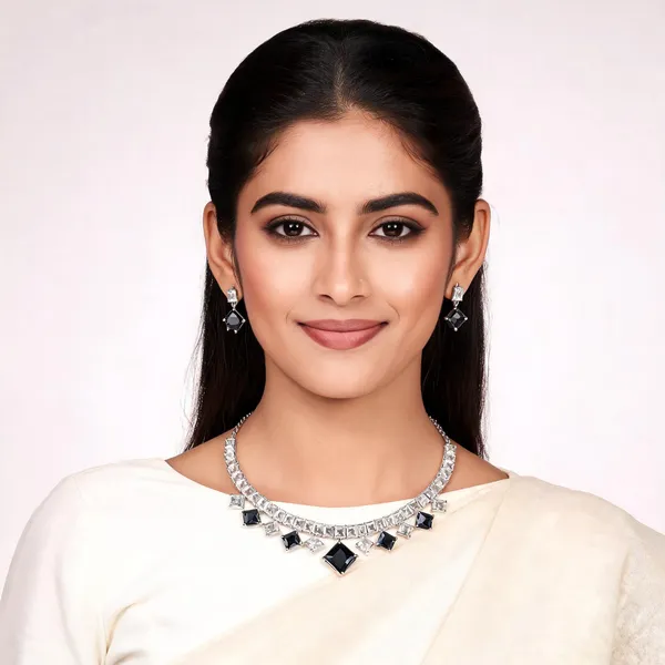 Silver_Black_Clear_Crystal_Princess_Cut_Necklace_Earring_Set_For_Women