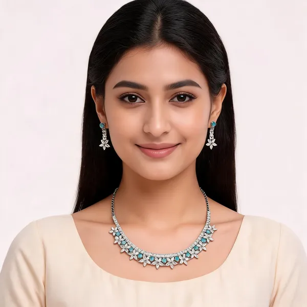 Silver_Turquoise_Crystal_Floral_Necklace_Earring_Set_For_Women