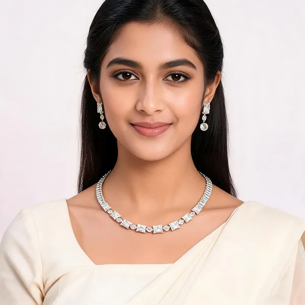 Silver_White_Crystal_Graduated_Necklace_Earring_Set_For_Women
