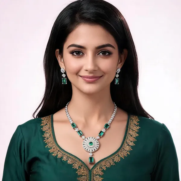 Silver_Emerald_Green_Crystal_Pendant_Necklace_Set_For_Women
