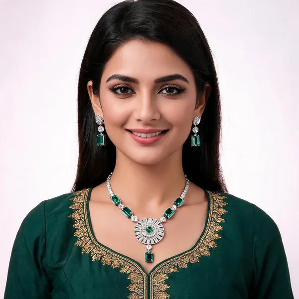 Silver_Emerald_Green_Crystal_Pendant_Necklace_Set_For_Women