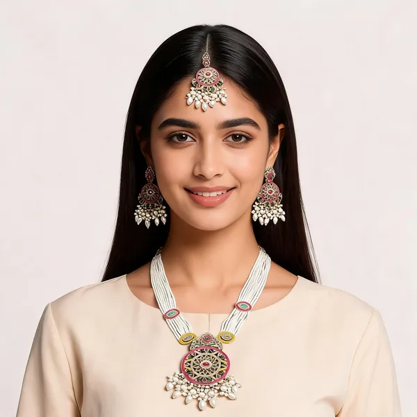 White_Pink_Pearl_Kundan_Meenakari_Necklace_Set_With_Maang_Tikka_For_Women