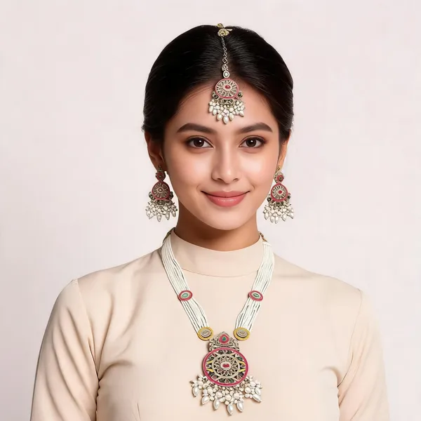 White_Pink_Pearl_Kundan_Meenakari_Necklace_Set_With_Maang_Tikka_For_Women