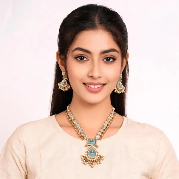 Gold_Kundan_Turquoise_Enamel_Teardrop_Necklace_Set_For_Women