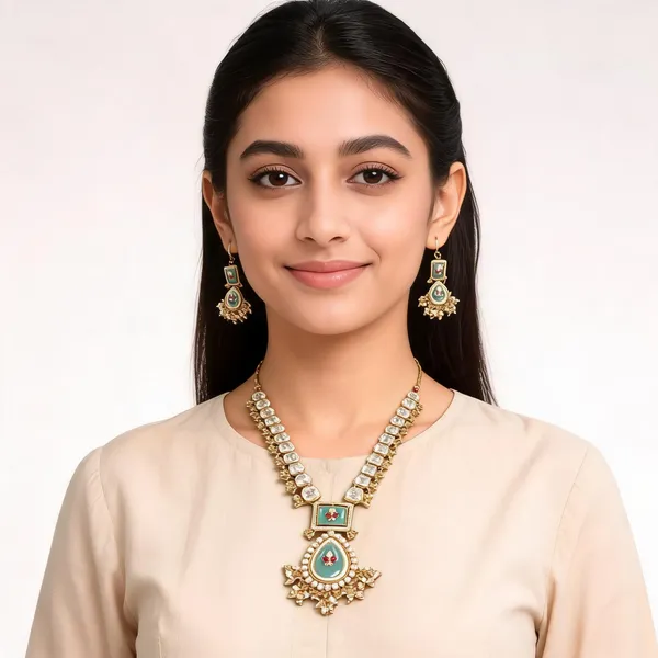 Gold_Kundan_Turquoise_Enamel_Teardrop_Necklace_Set_For_Women