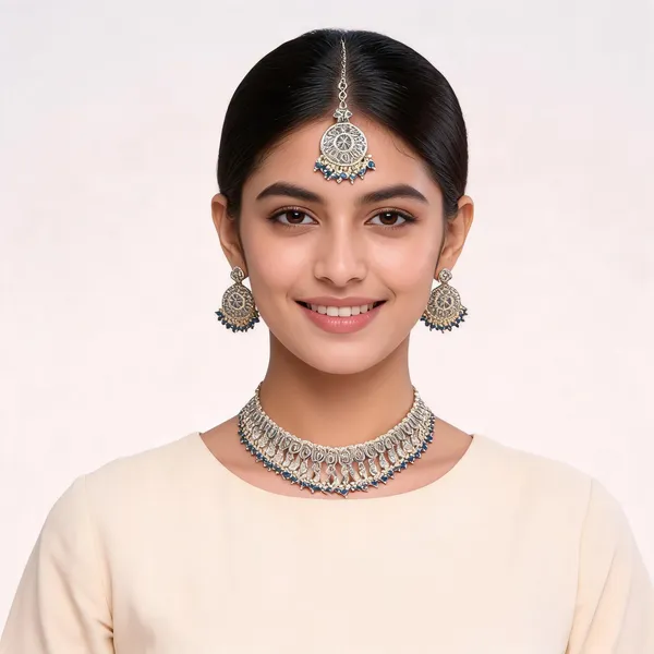 Silver_Blue_Beaded_Filigree_Choker_Necklace_Maang_Tikka_Set_For_Women