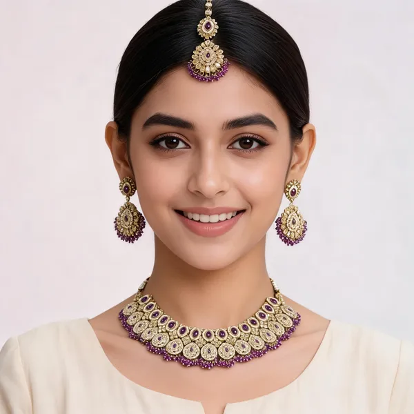 Gold_Purple_Kundan_Choker_Necklace_Set_With_Maang_Tikka_For_Women