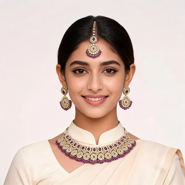 Gold_Purple_Kundan_Choker_Necklace_Set_With_Maang_Tikka_For_Women