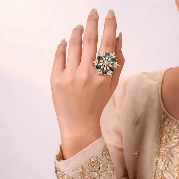 Gold_Plated_Green_White_Cubic_Zirconia_Floral_Ring_For_Women
