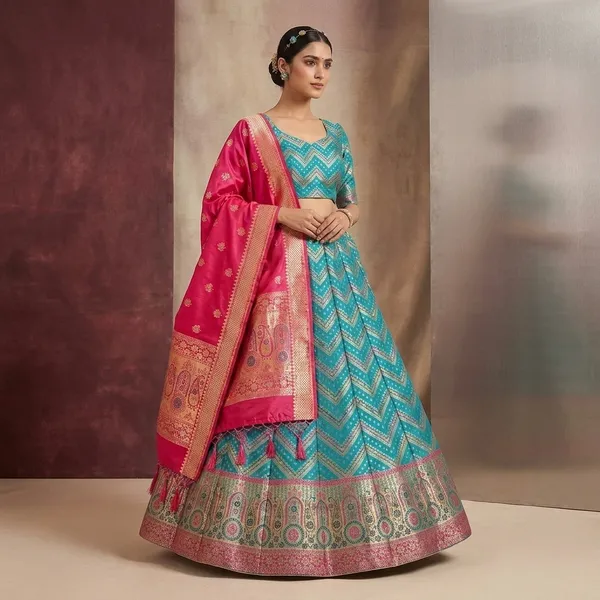 Pink_And_Blue_Silk_Banarasi_Lahnga_Lehenga_For_Women