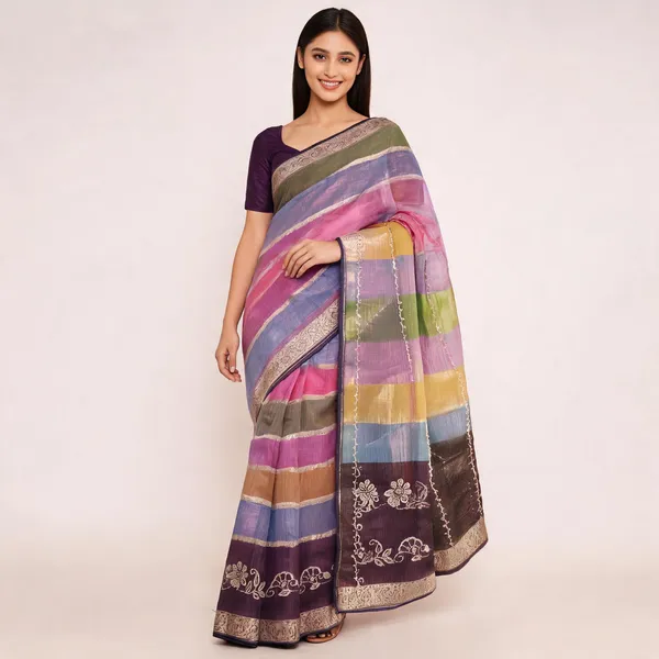Multicolor_Organza_With_Strip_Design_Saree_For_Women
