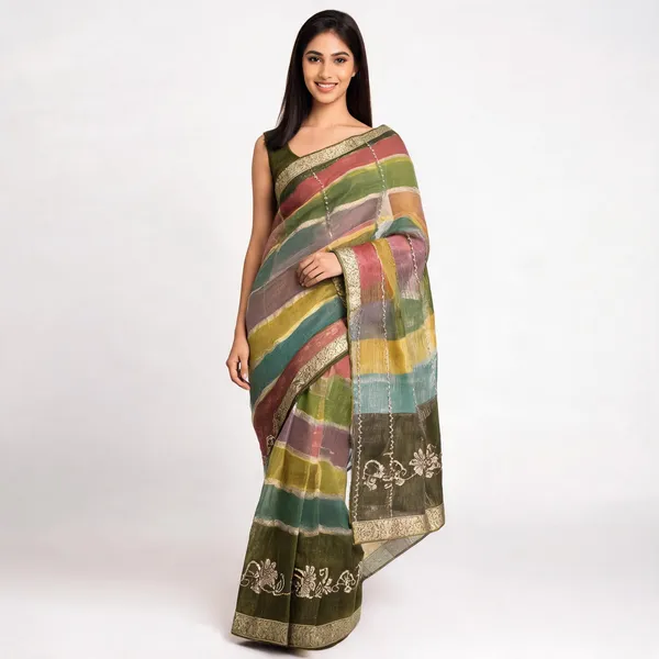 Multicolor_Organza_With_Strip_Design_Saree_For_Women
