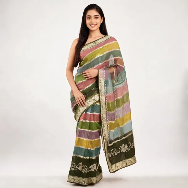 Multicolor_Organza_With_Strip_Design_Saree_For_Women