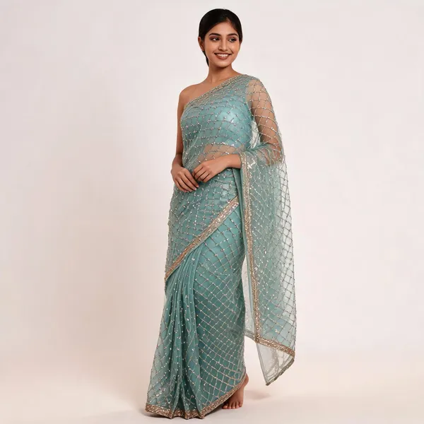 Turquoise_Net_Saree_For_Women