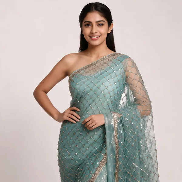 Turquoise_Net_Saree_For_Women
